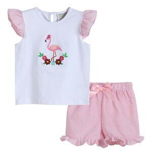 Lil Cactus girl's pink seersucker flamingo top and shorts set size 6 NEW